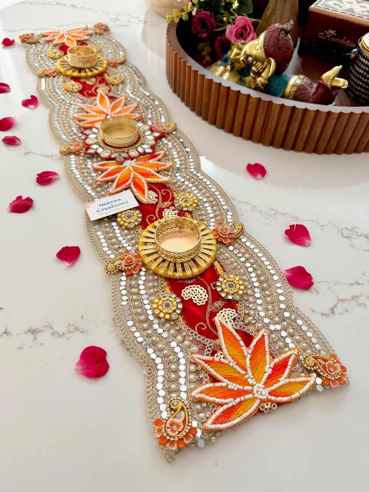 Handcrafted Table Runner & Diya Holder | Festive Centerpiece