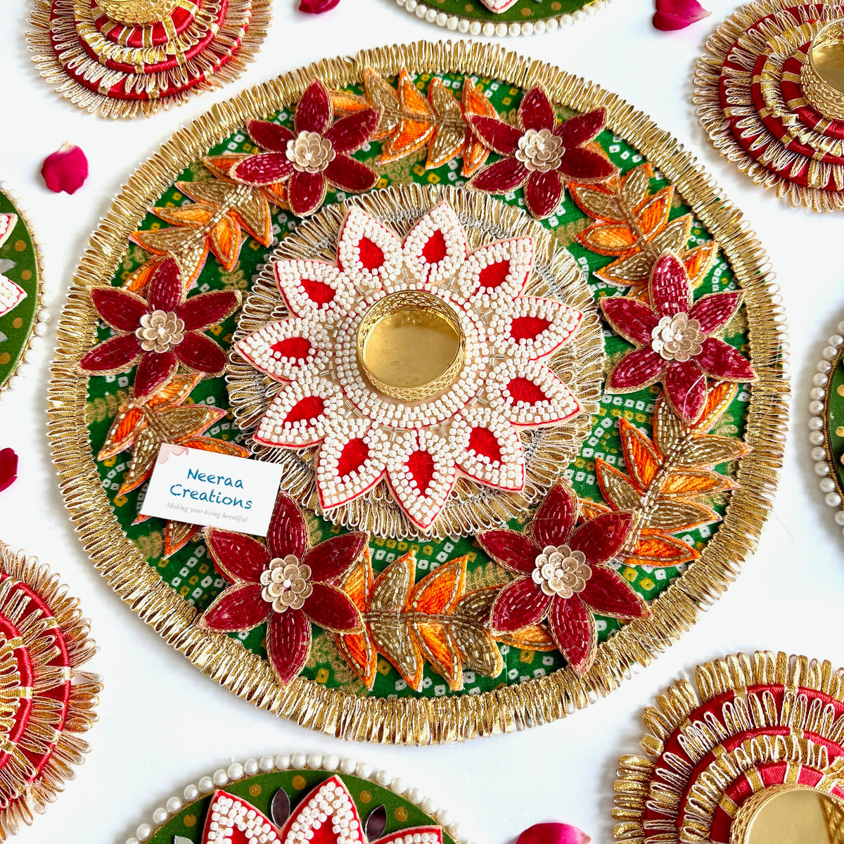 Handcrafted 9-Piece Beaded Rangoli & Diya Holder Set | Festive Decor
