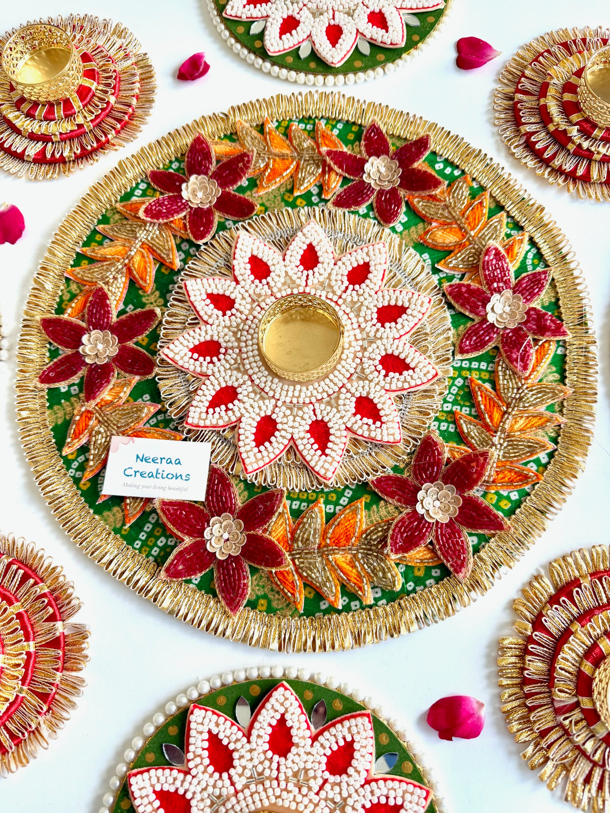 Handcrafted 9-Piece Beaded Rangoli & Diya Holder Set | Festive Decor