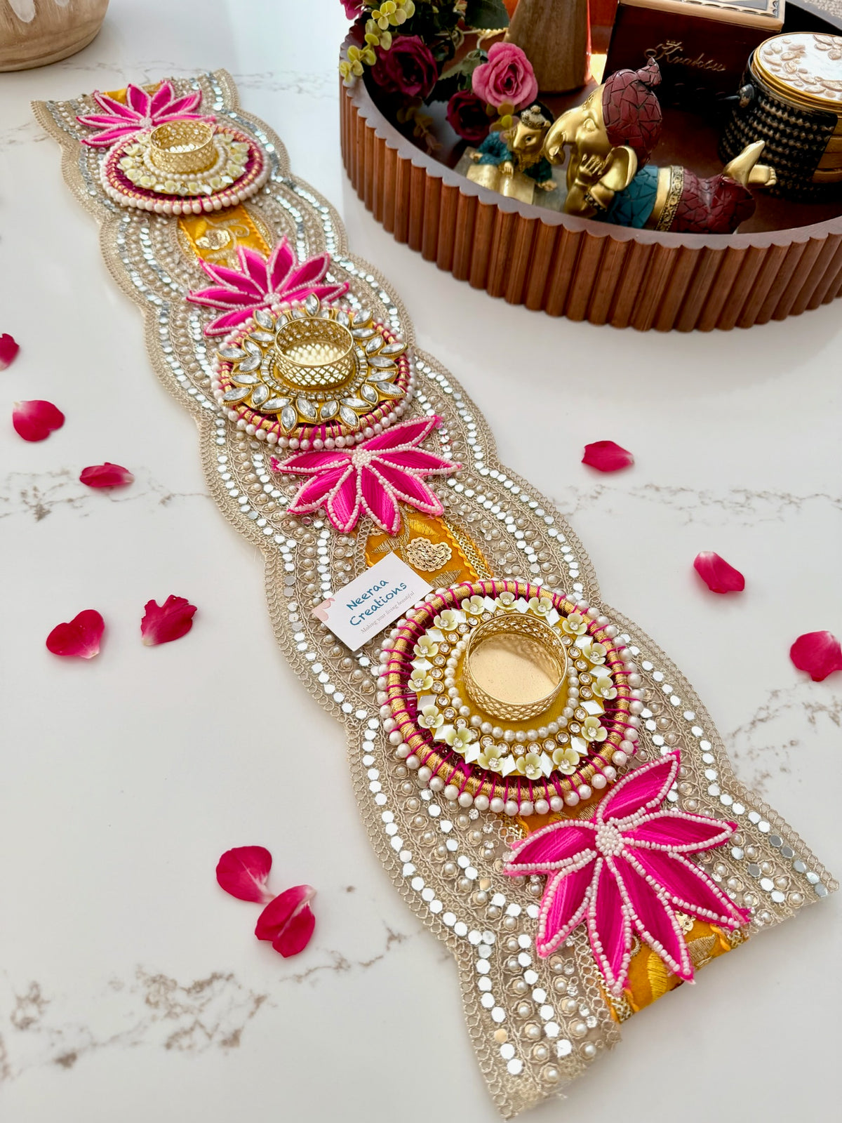 Handcrafted Table Runner & Diya Holder | Festive Centerpiece