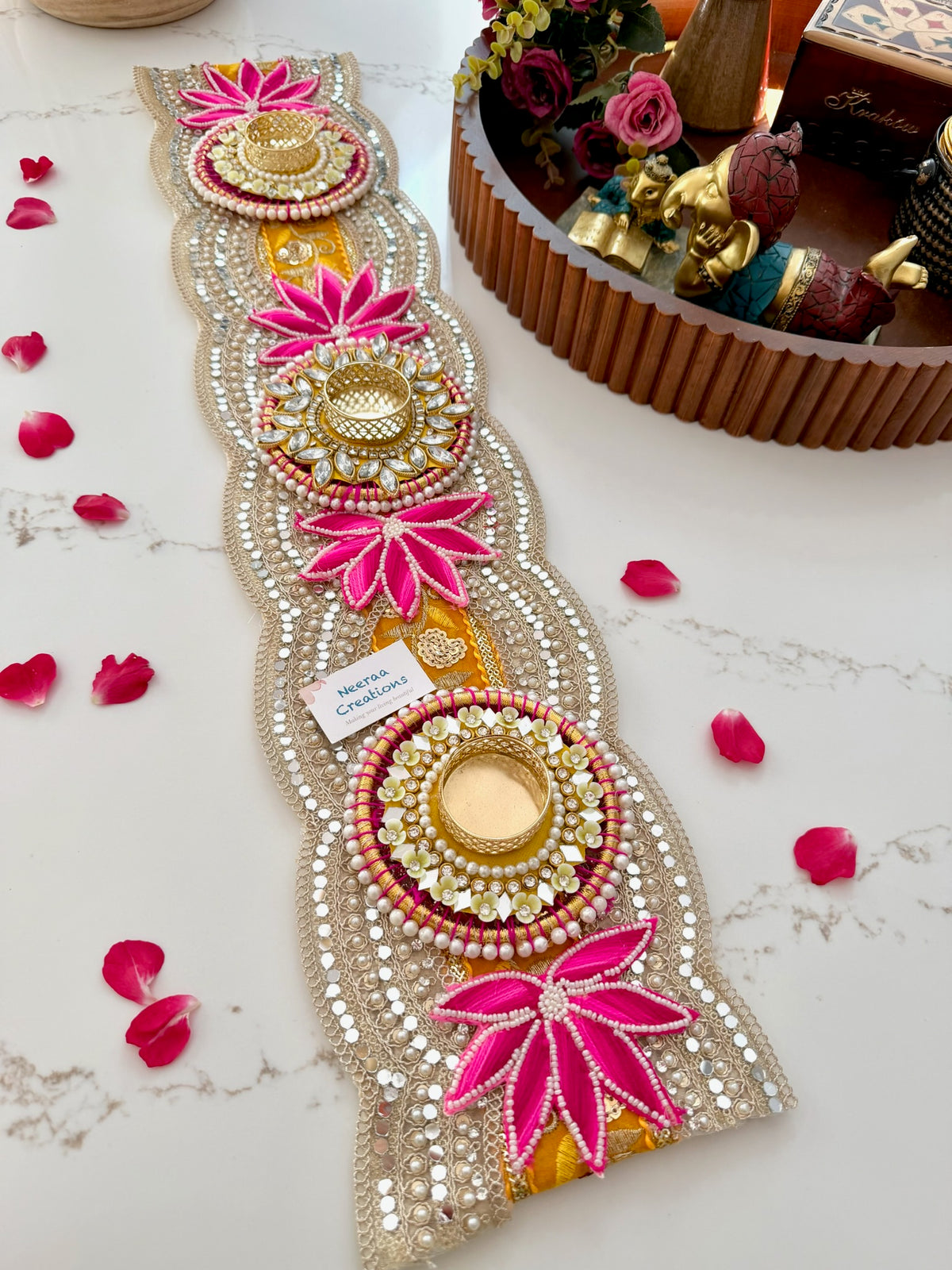Handcrafted Table Runner & Diya Holder | Festive Centerpiece