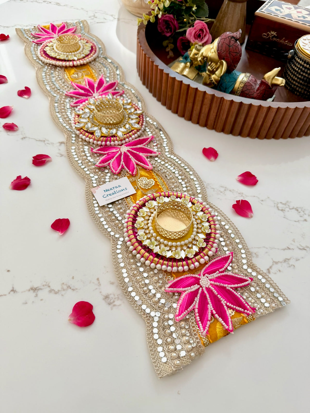 Handcrafted Table Runner & Diya Holder | Festive Centerpiece