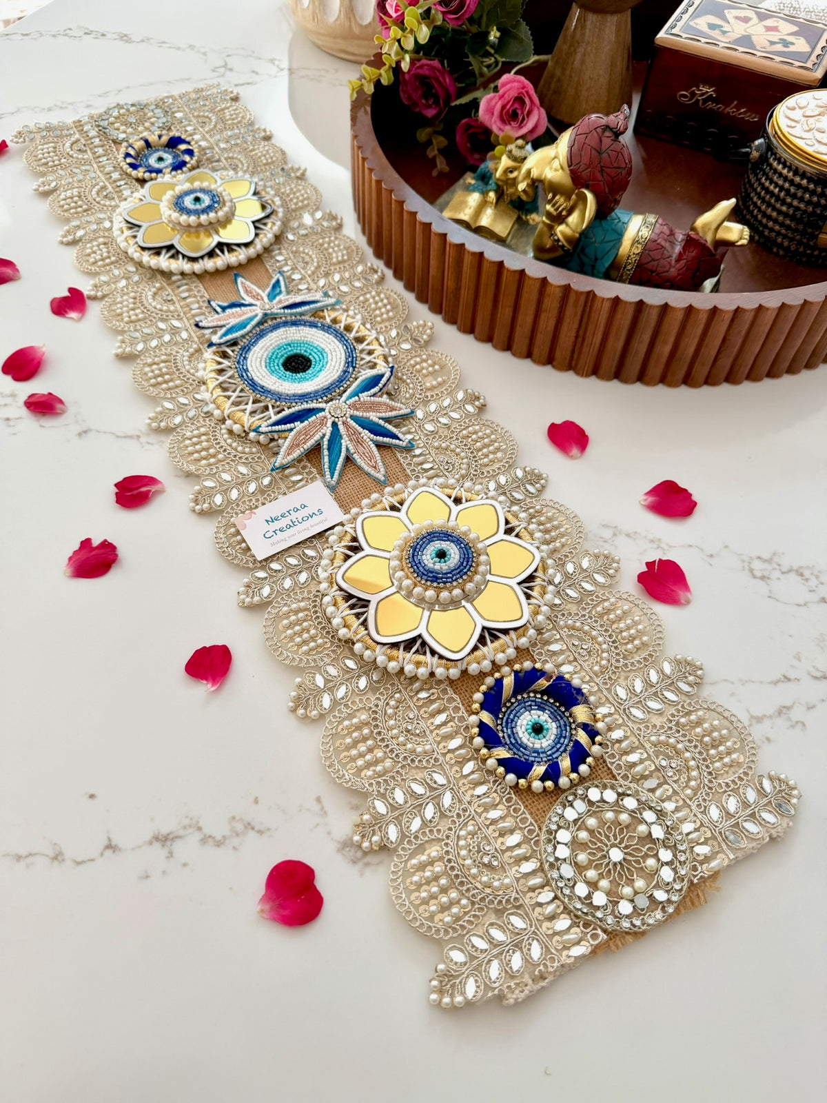 Handcrafted Evil Eye & Mirror Work Table Runner