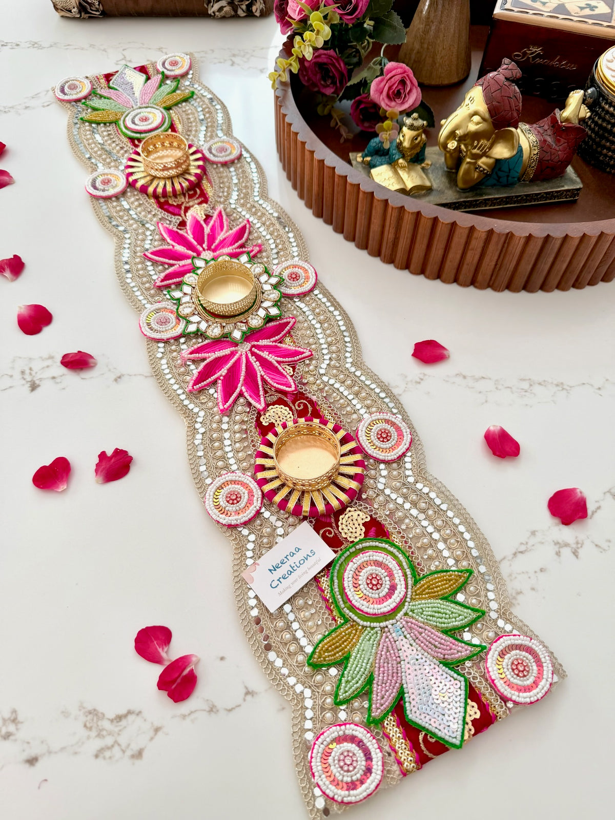 Handcrafted Table Runner & Diya Holder | Festive Centerpiece