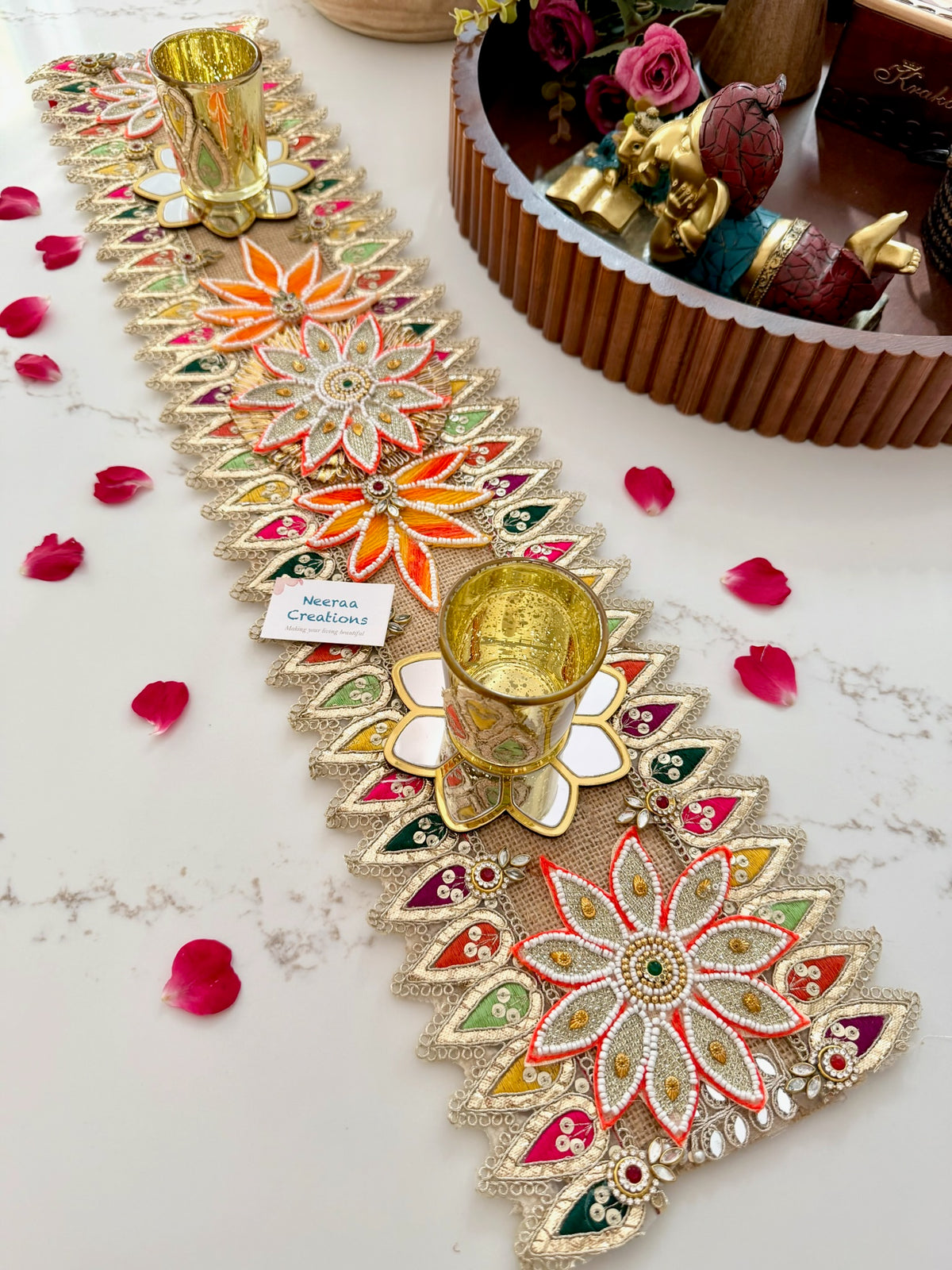 Handcrafted Festive Table Runner with 2 Glass Tea Light Holders