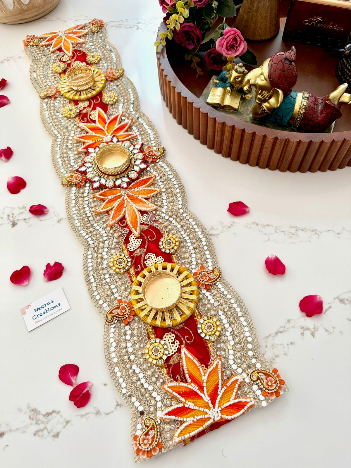 Handcrafted Table Runner & Diya Holder | Festive Centerpiece