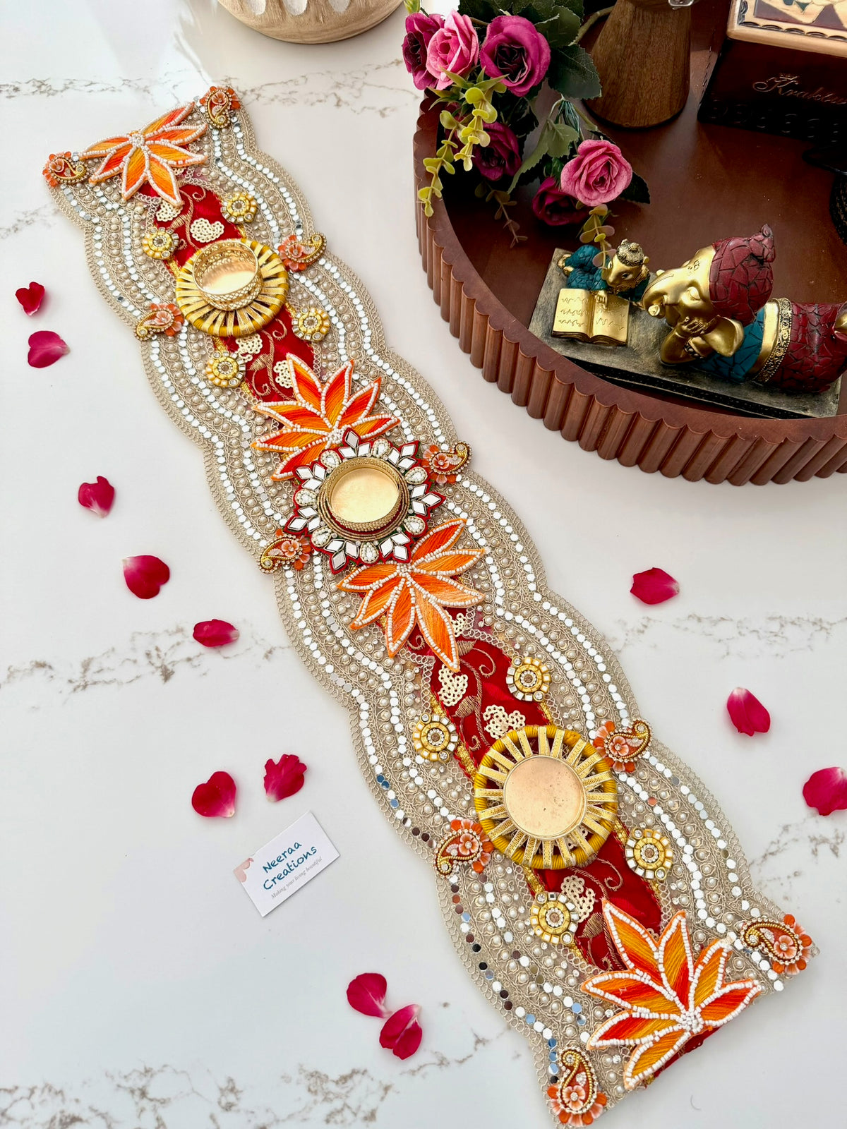 Handcrafted Table Runner & Diya Holder | Festive Centerpiece