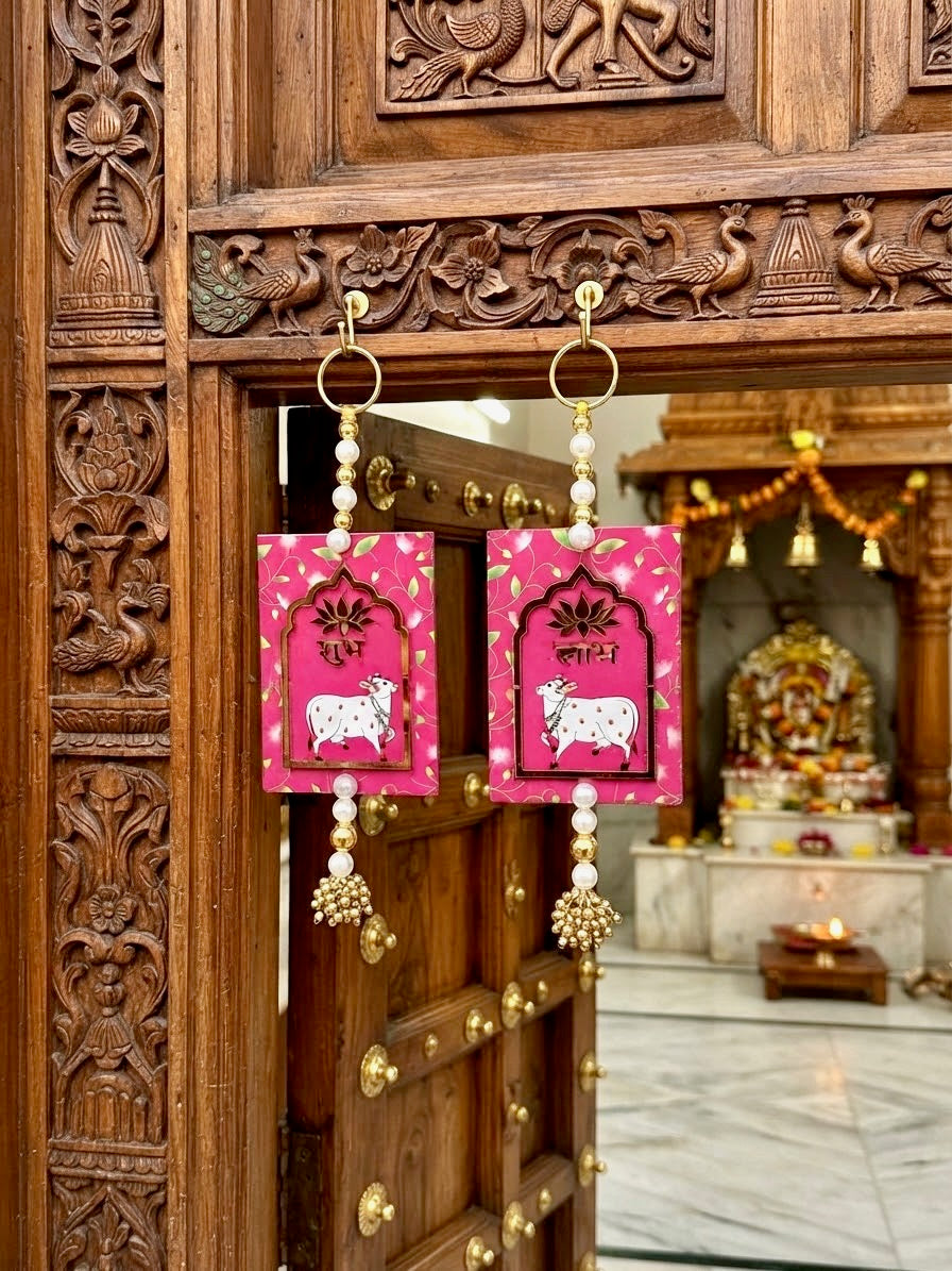 Shubh Labh Pichwai Cow & Lotus Hanging Pair