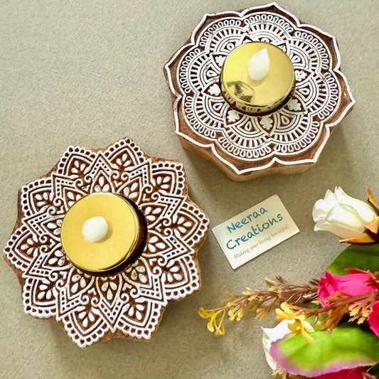 Floral Wooden Tea Light Holders (Set of 2)