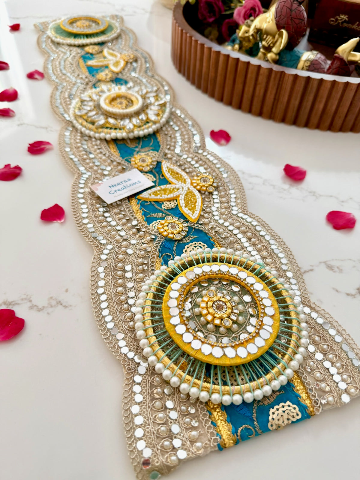 Handcrafted Teal & Gold color Table Runner | Festive Centerpiece