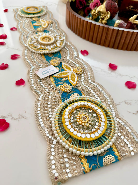 Handcrafted Teal & Gold color Table Runner | Festive Centerpiece