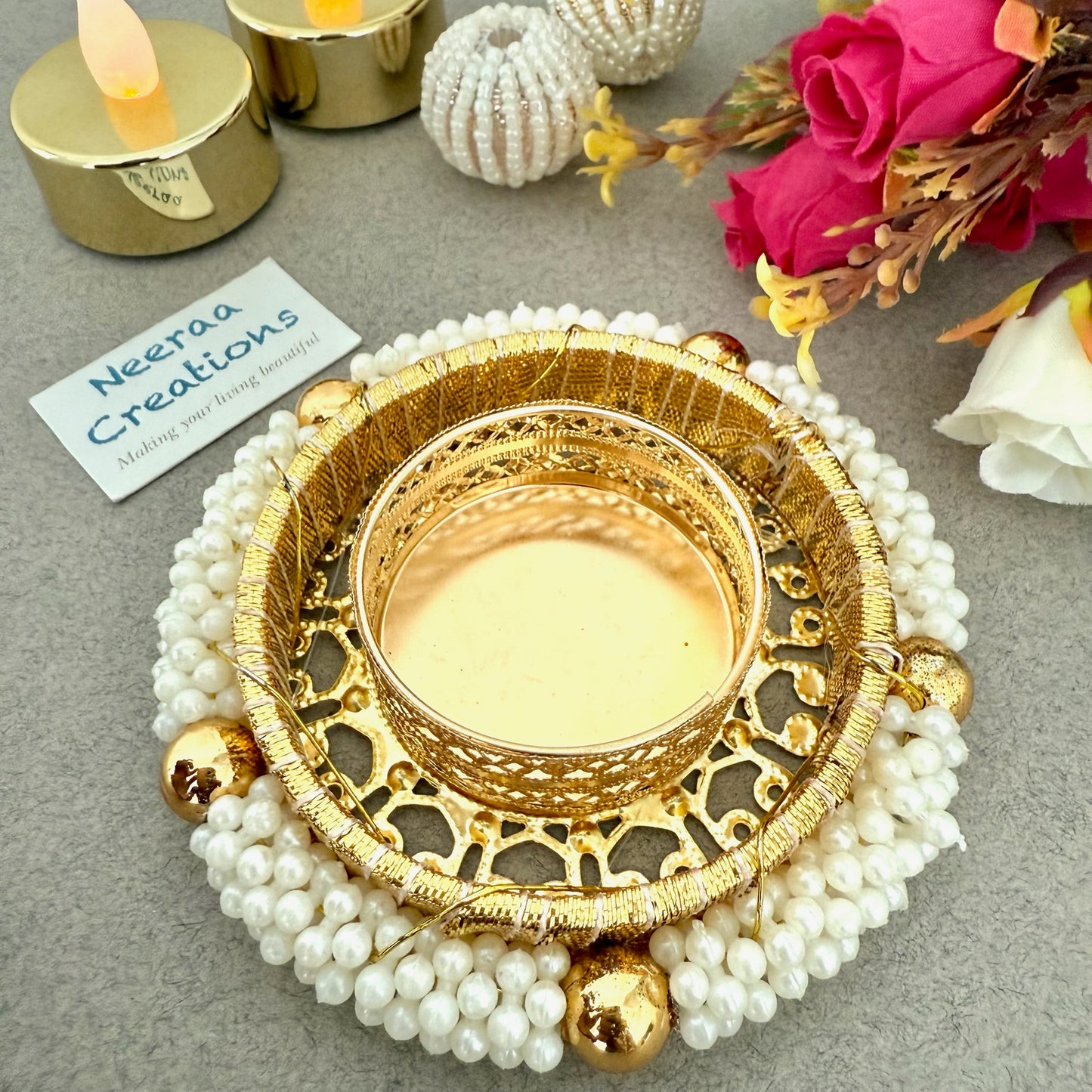 Regal Gold & Pearl Tea Light Holder Set (Set of 2)