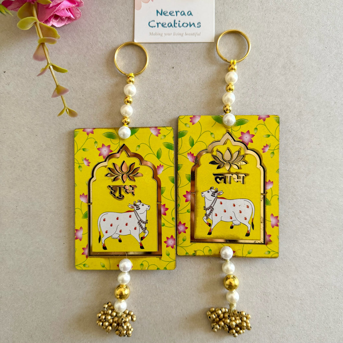 Shubh Labh Pichwai Cow & Lotus Hanging Pair