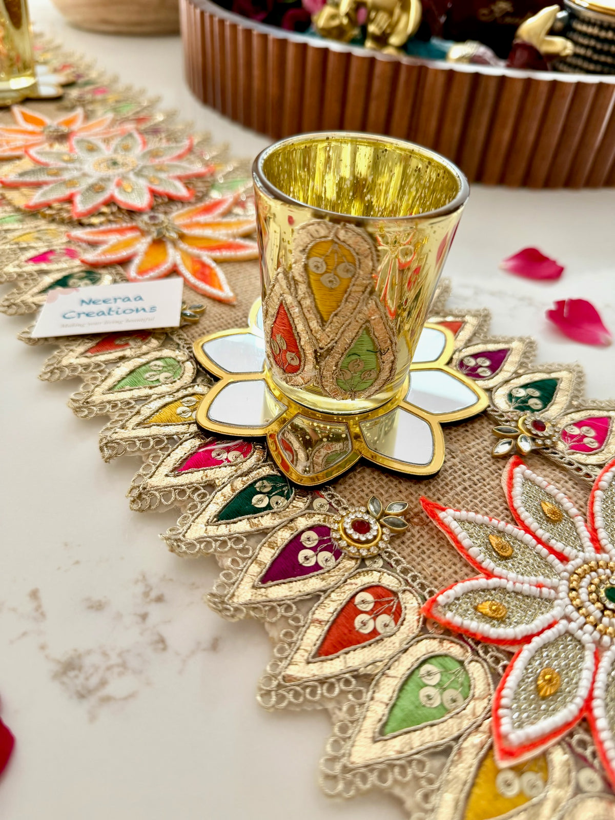 Handcrafted Festive Table Runner with 2 Glass Tea Light Holders