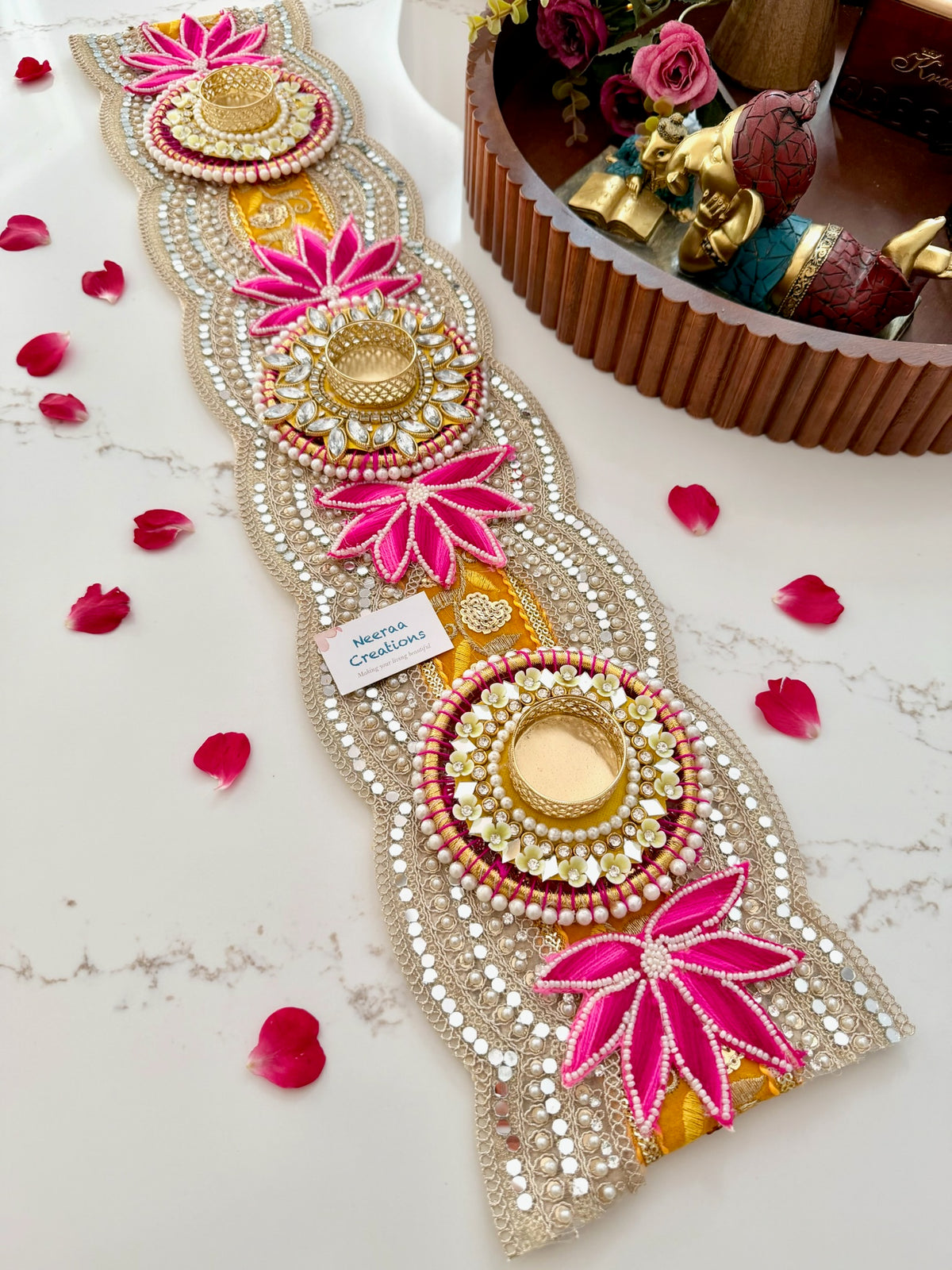 Handcrafted Table Runner & Diya Holder | Festive Centerpiece