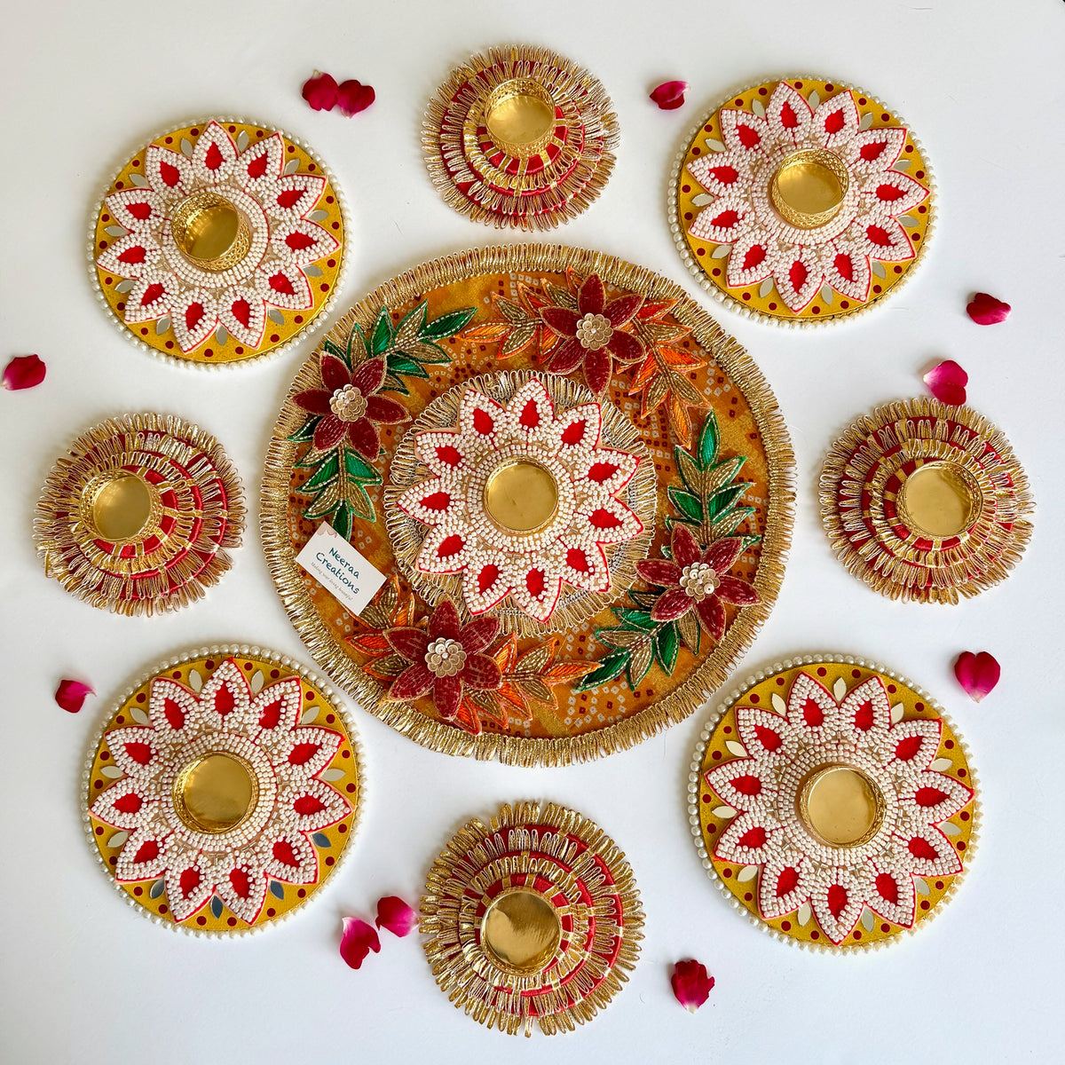 Handcrafted 9-Piece Beaded Rangoli & Diya Holder Set | Festive Decor