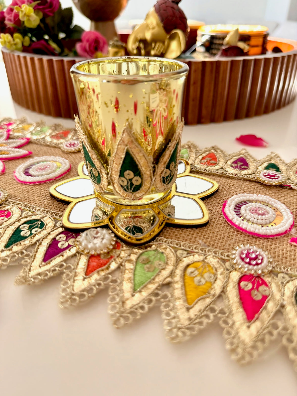 Handcrafted Festive Table Runner with 3 Glass Tea Light Holders