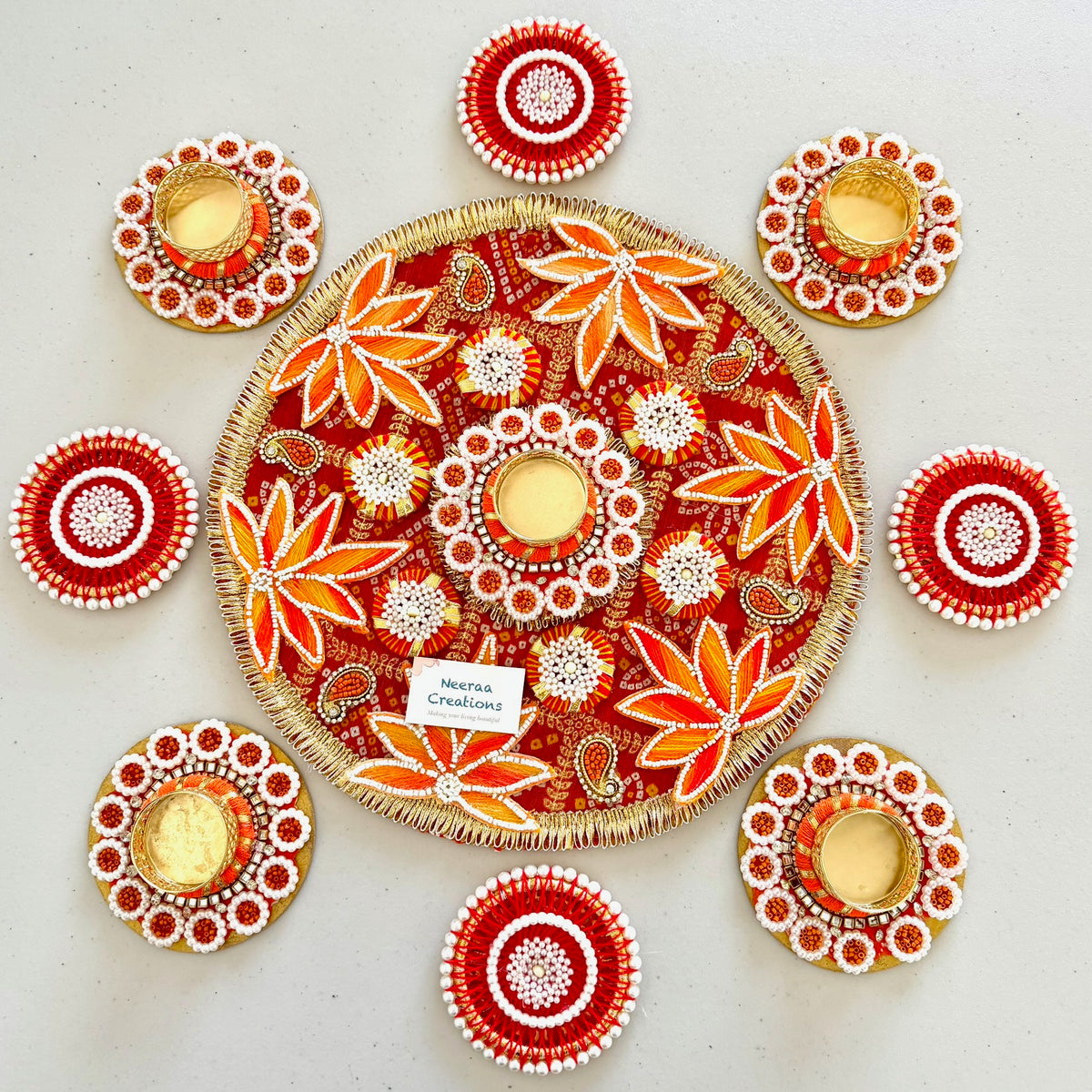 Handcrafted 9-Piece Rangoli & Tea Light Holder Set | Festive Centerpiece