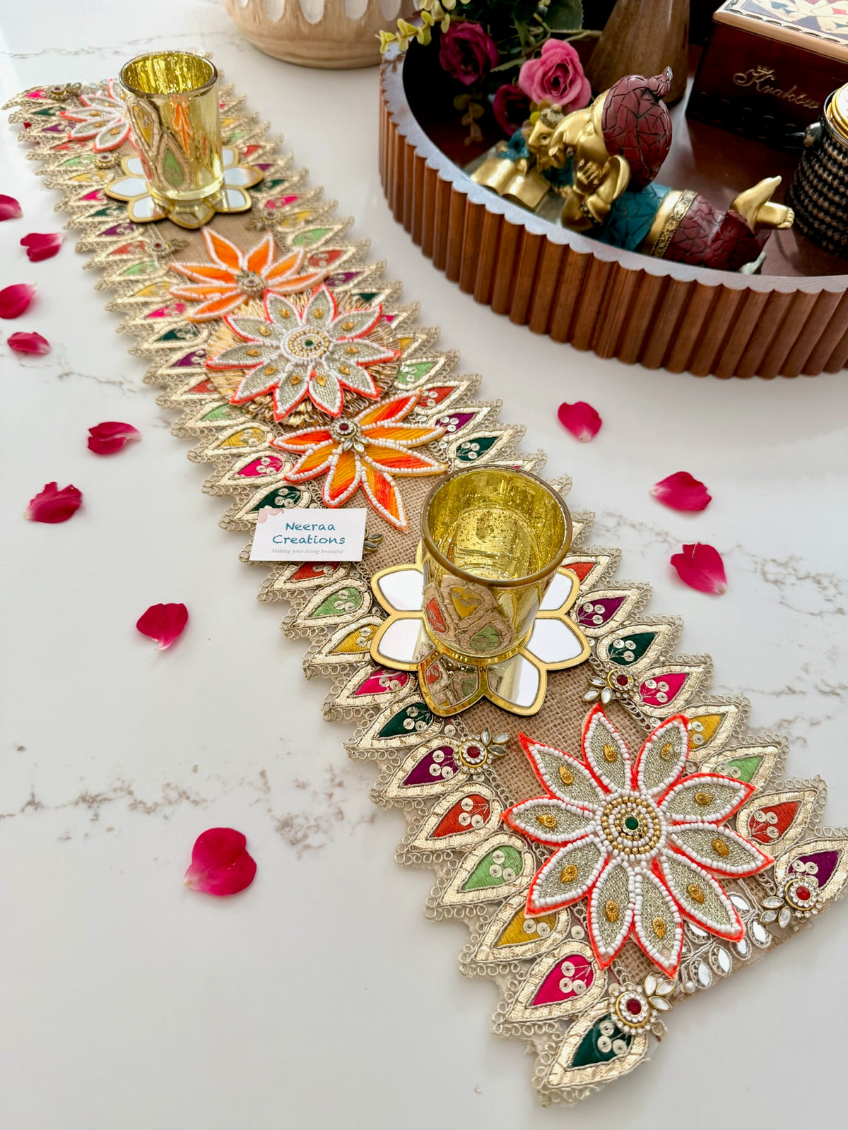 Handcrafted Festive Table Runner with 2 Glass Tea Light Holders