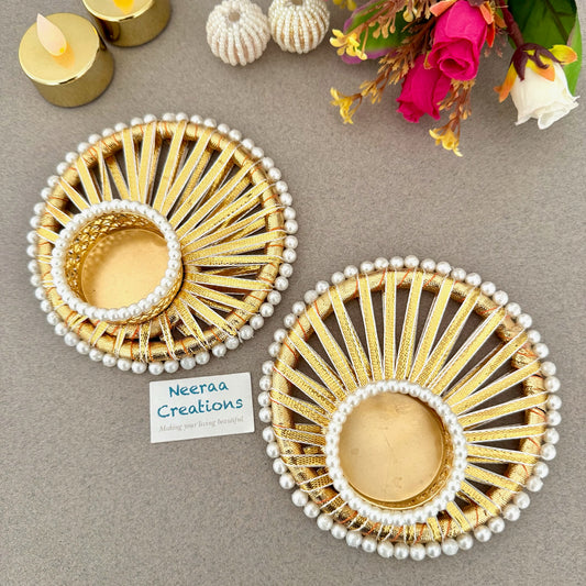 Radiant Gold & Pearl Designer Tea Light Holders (Set of 2)