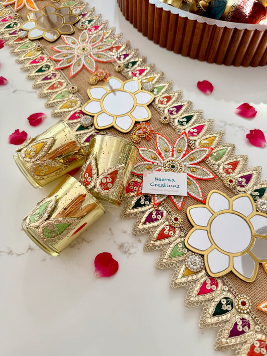 Handcrafted Festive Table Runner with 3 Glass Tea Light Holders