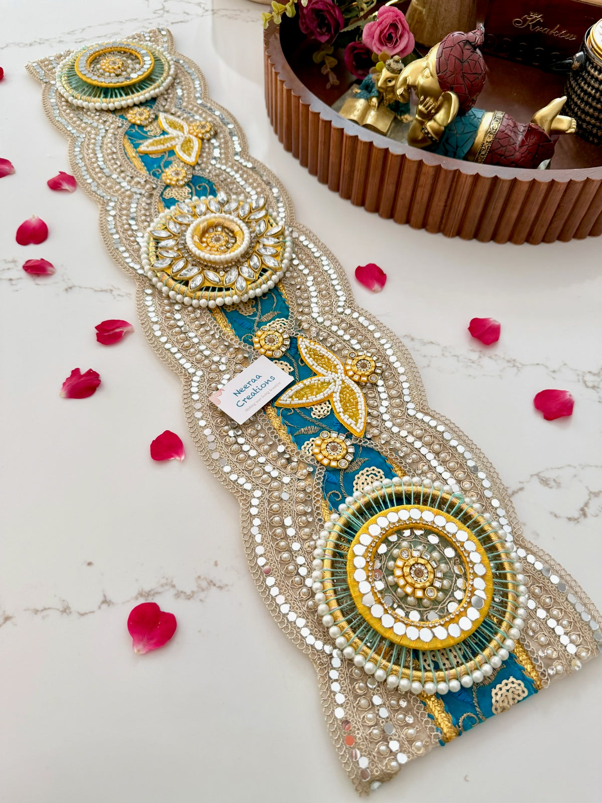 Handcrafted Teal & Gold color Table Runner | Festive Centerpiece