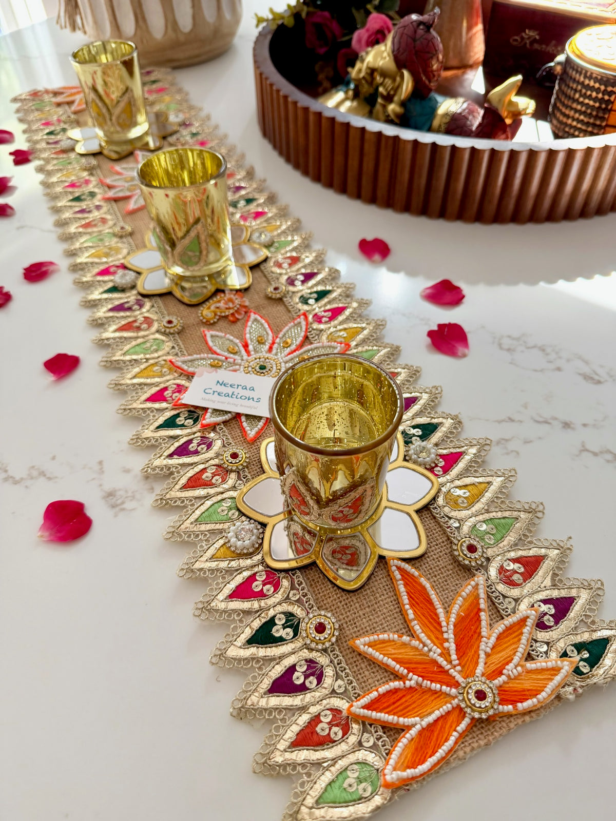 Handcrafted Festive Table Runner with 3 Glass Tea Light Holders