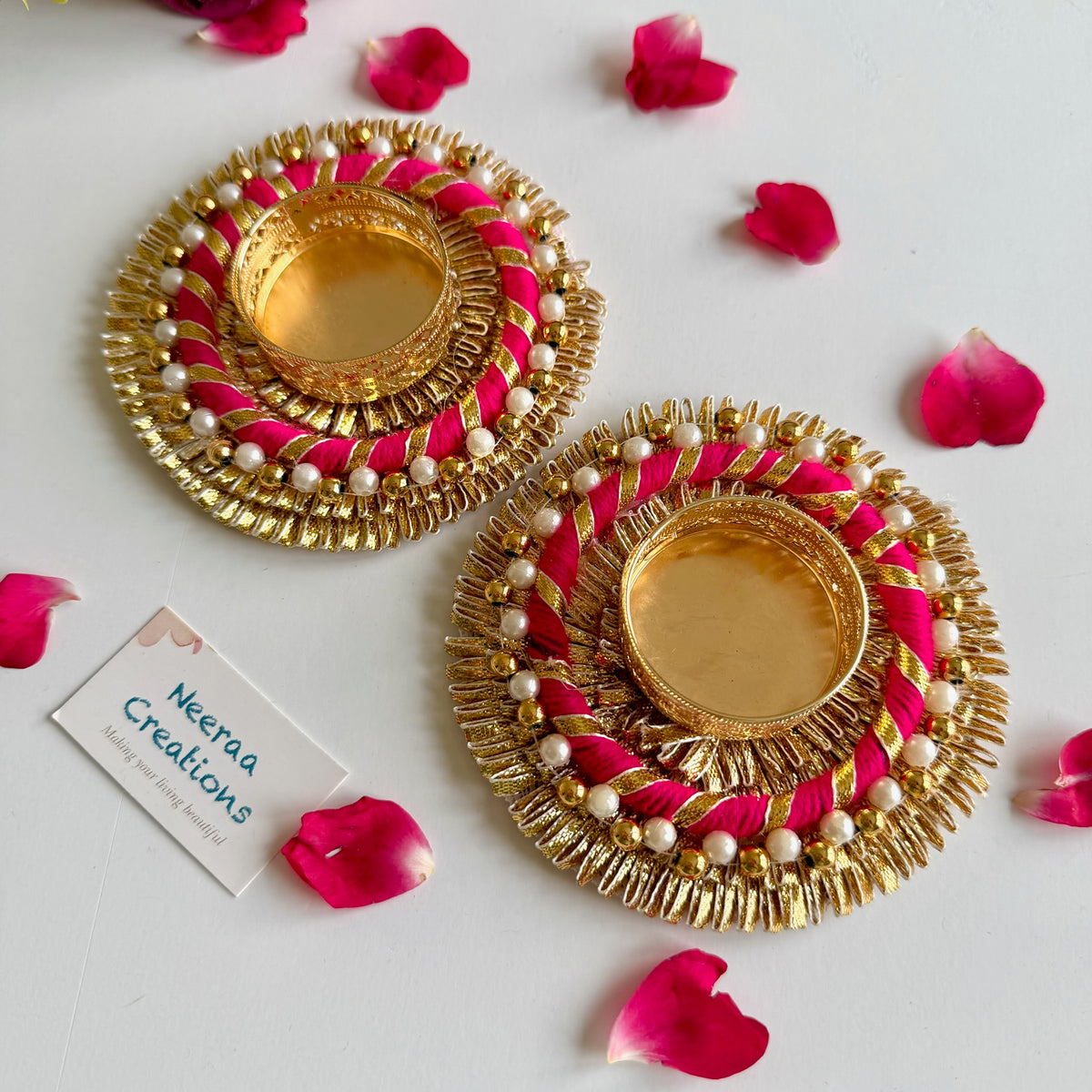 Handcrafted Pearl & Gold Fringed Tea Light Holder Set (Set of 2) | Festive Diwali Gift