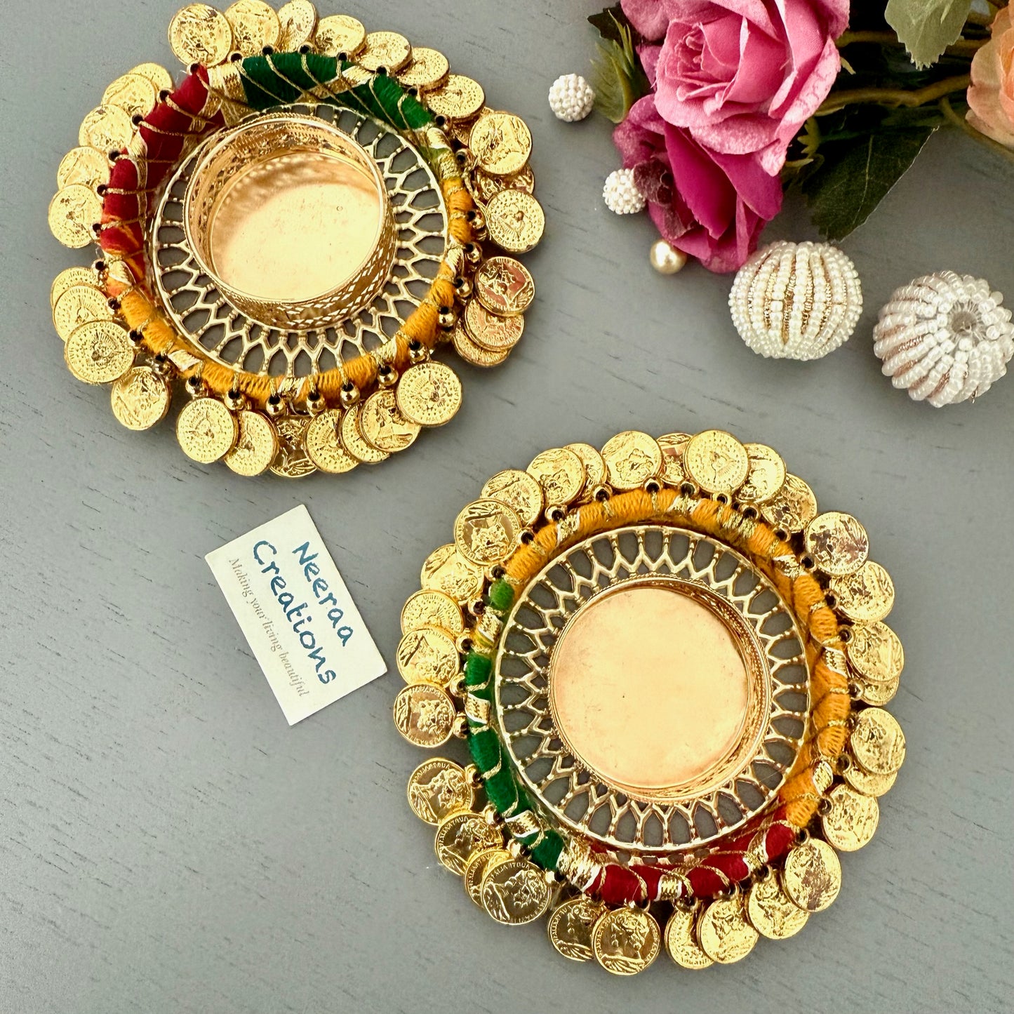 Gold color coin (ginni) Tea-light holders (Set of 2)