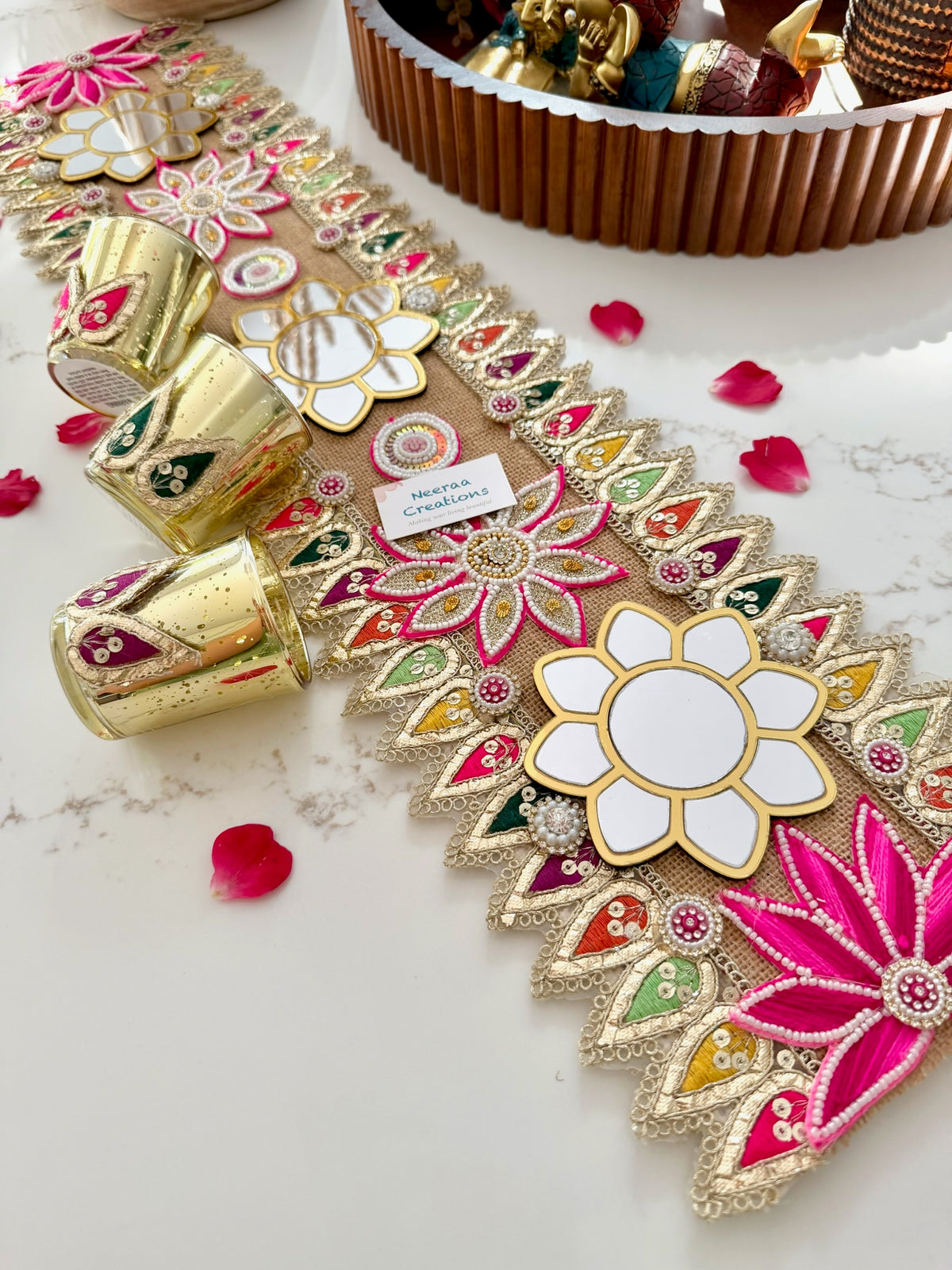 Handcrafted Festive Table Runner with 3 Glass Tea Light Holders