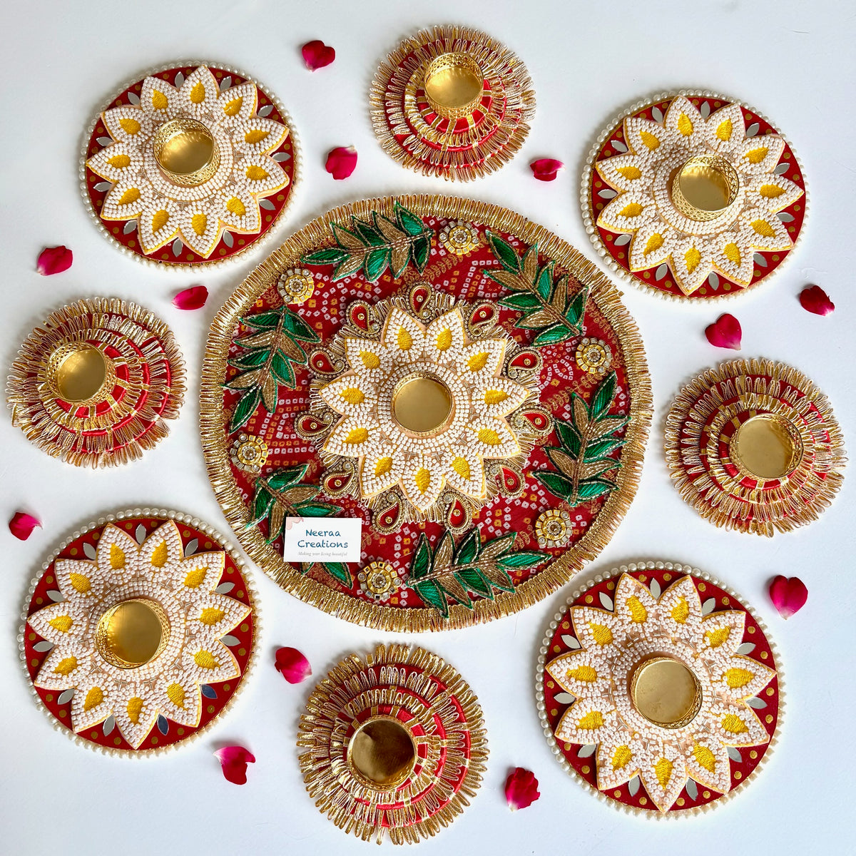 Handcrafted 9-Piece Beaded Rangoli & Diya Holder Set | Festive Decor