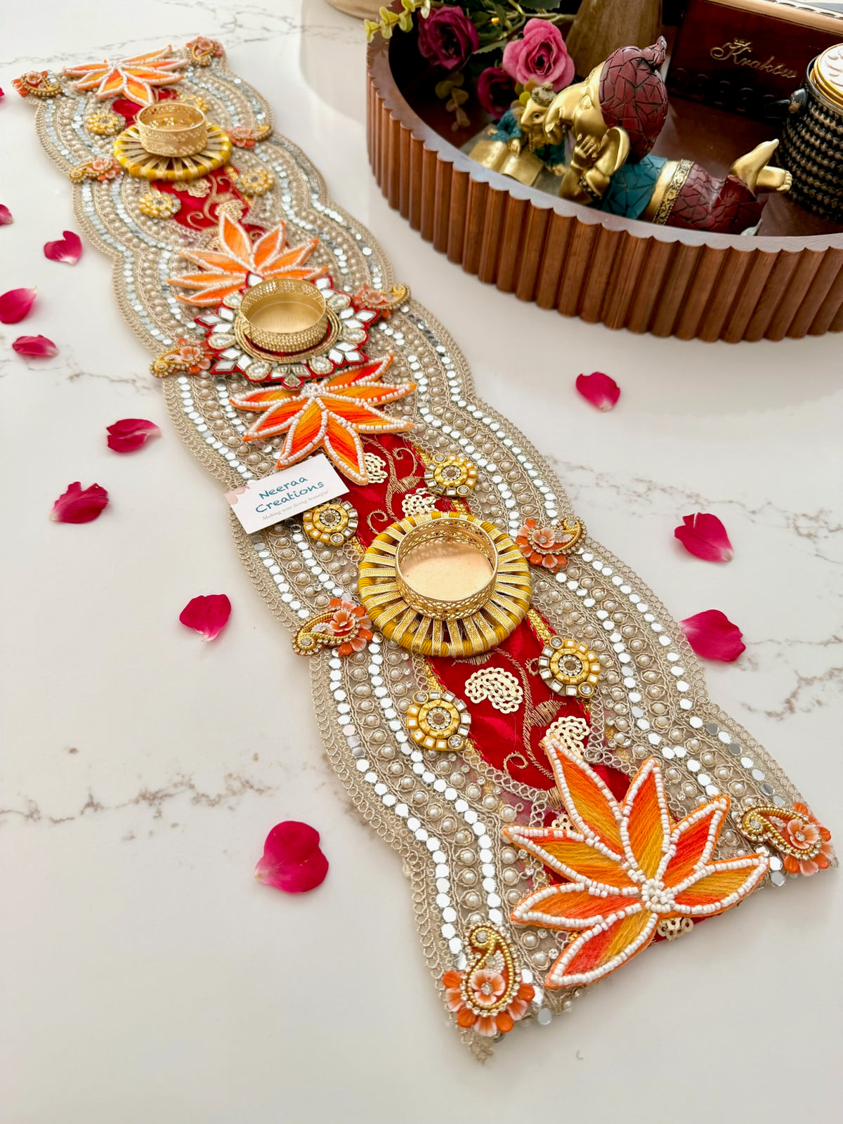 Handcrafted Table Runner & Diya Holder | Festive Centerpiece