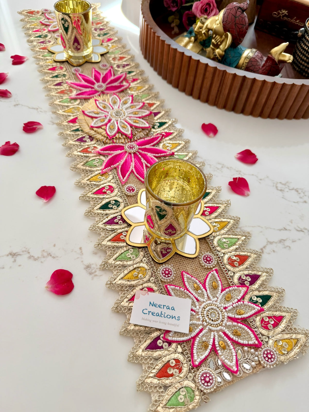 Handcrafted Festive Table Runner with 2 Glass Tea Light Holders