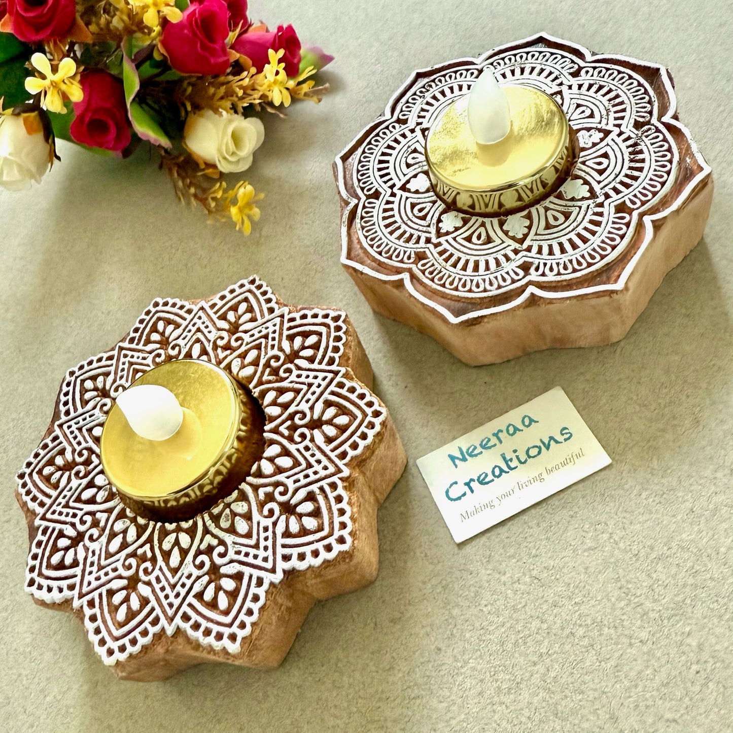 Floral Wooden Tea Light Holders (Set of 2)