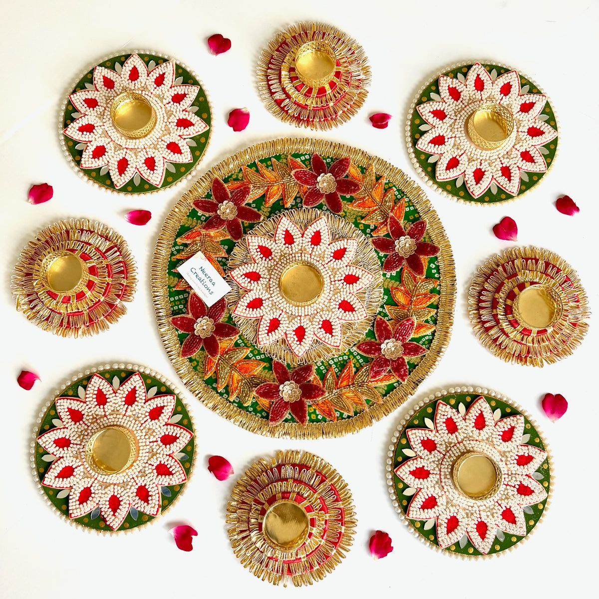 Handcrafted 9-Piece Beaded Rangoli & Diya Holder Set | Festive Decor
