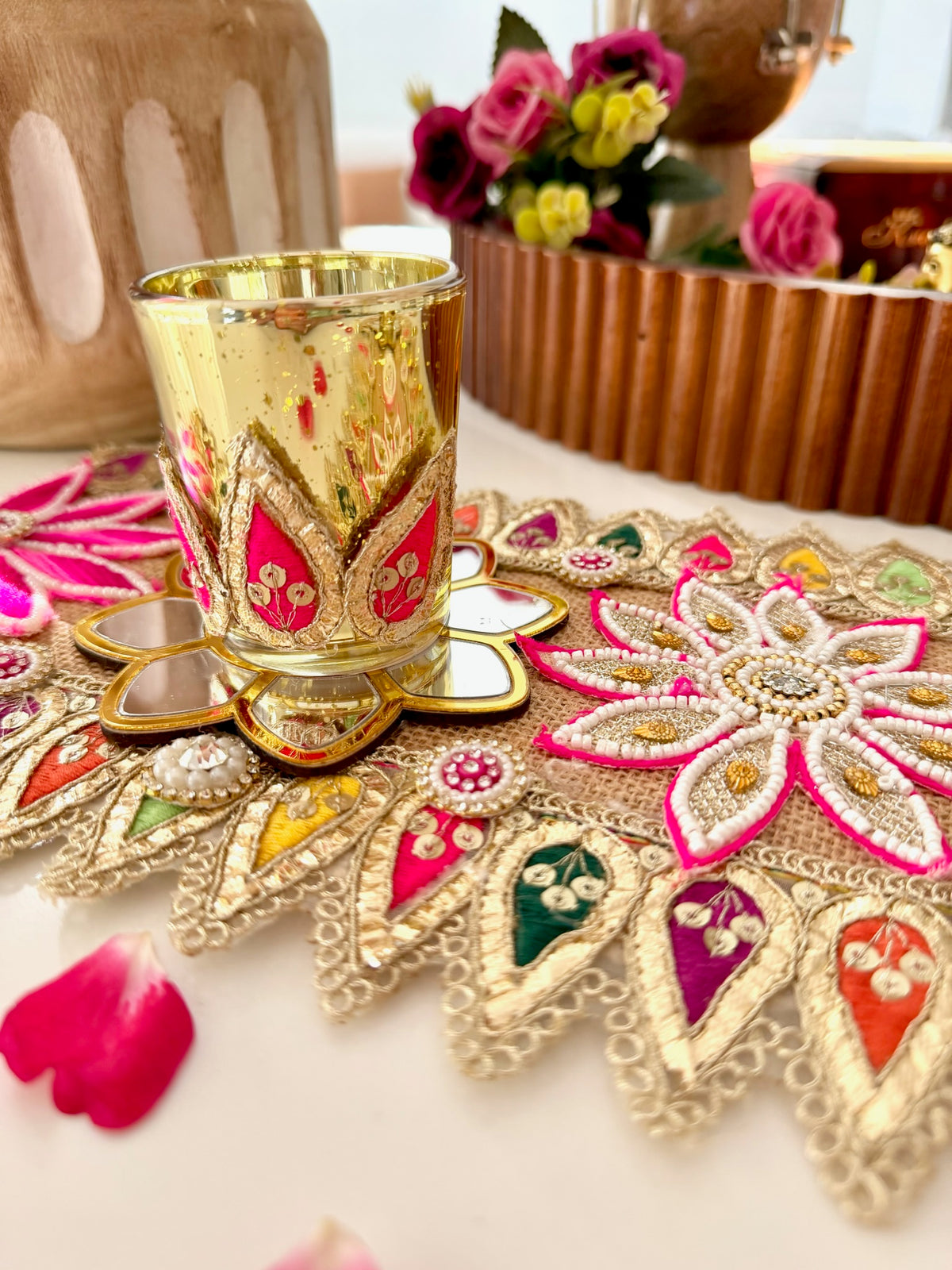 Handcrafted Festive Table Runner with 3 Glass Tea Light Holders